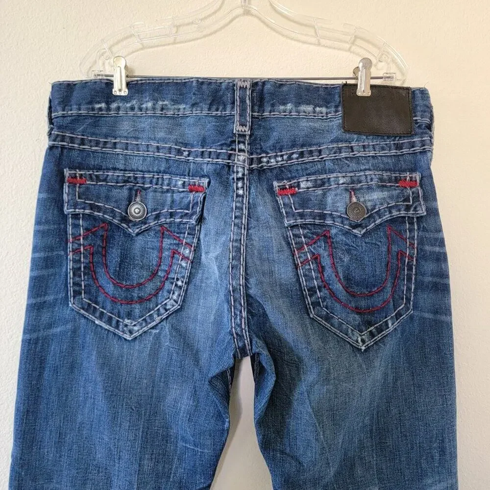 True Religion Ricky Relaxed Straight Leg Jeans Blue Distressed Men Size 38x34